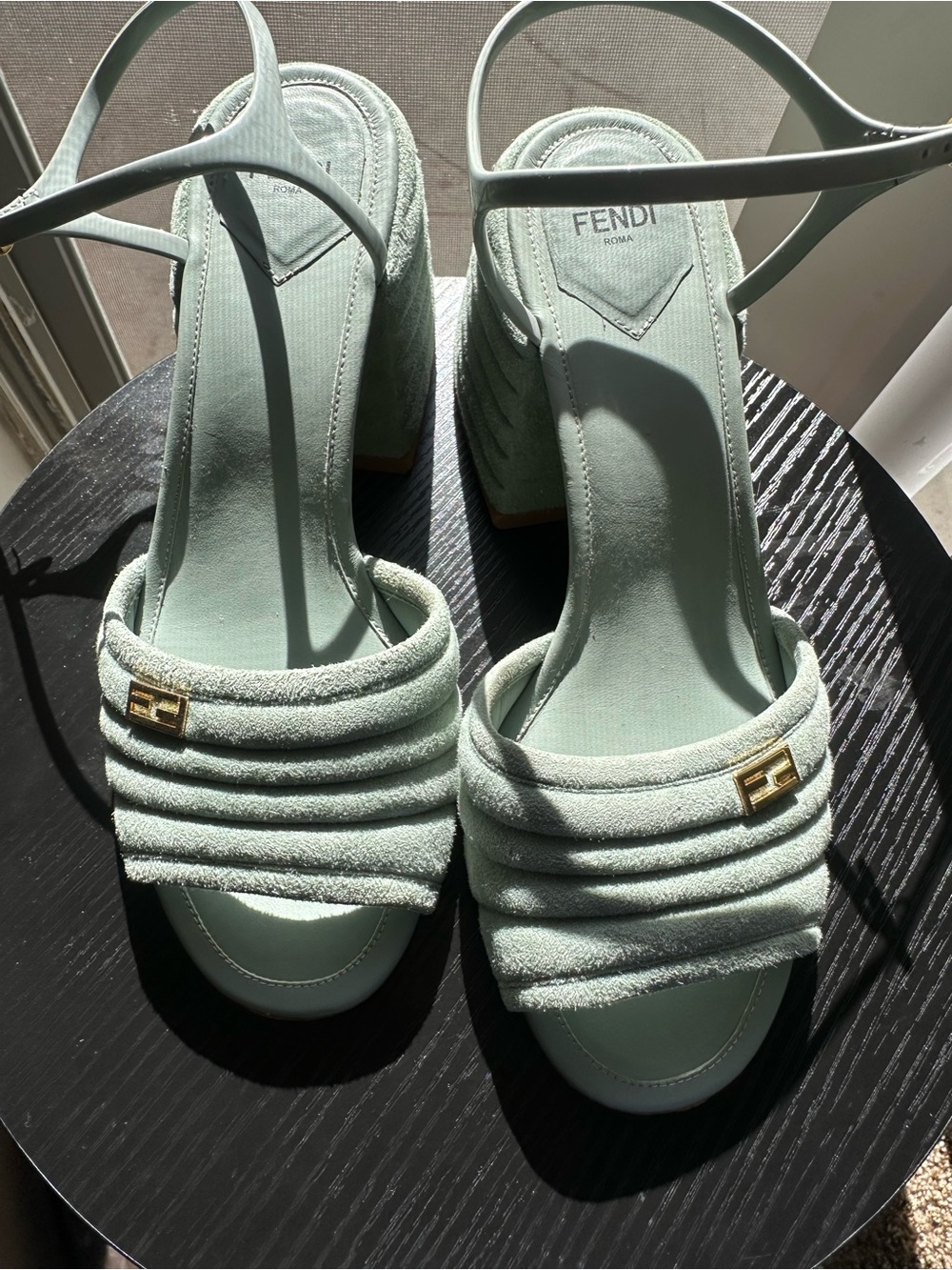 Fendi Mint Green Quilted Slingback Heels with Gold Logo